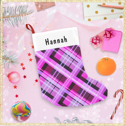 Pink Plaid Winter Patterned Chic Personalized Name Small Christmas Stocking