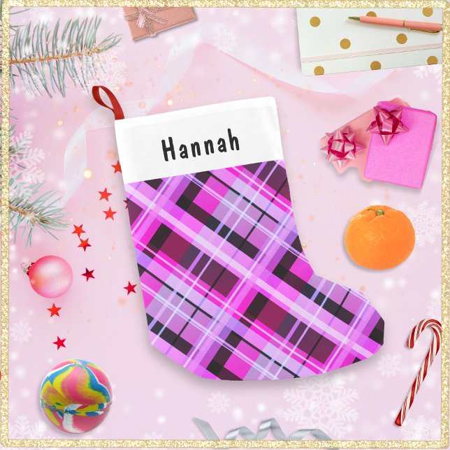 Pink Plaid Winter Patterned Personalized Small Christmas Stocking (A Christmas stocking with pink plaid design. Personalize with a name on the white panel at the top)