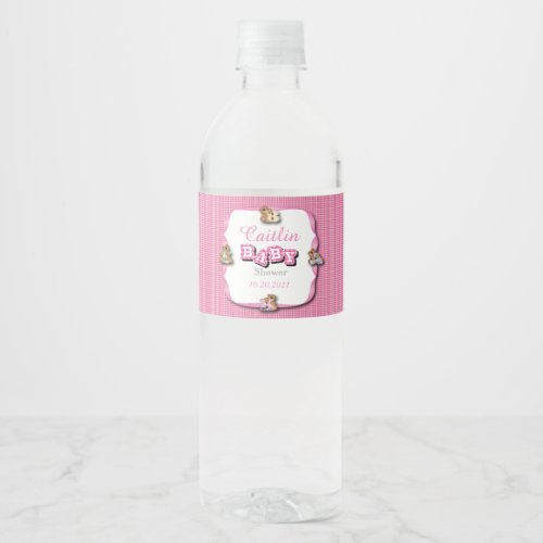 Pink Plaid with Baby Bears  Baby Girl Shower Water Bottle Label