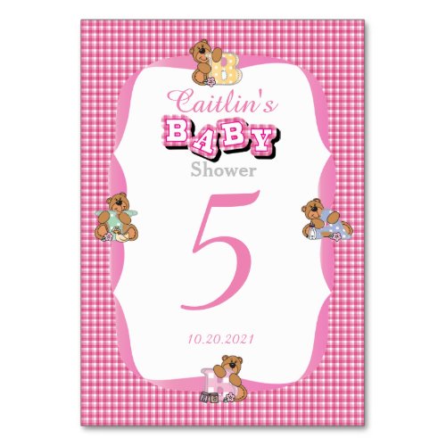 Pink Plaid with Baby Bears Table Numbers