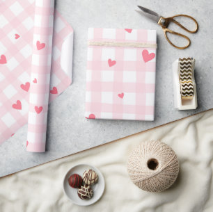 Pink Plaid With Hearts Baby Shower Valentine's Day Wrapping Paper