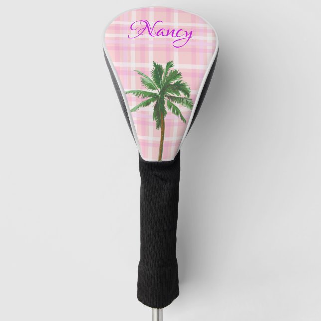 Pink Plaid with Palm and Custom Monogram Golf Head Cover (Front)
