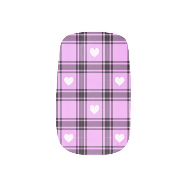 Pink Plaid with white Checkered Hearts Pattern Minx Nail Art (Left Thumb)