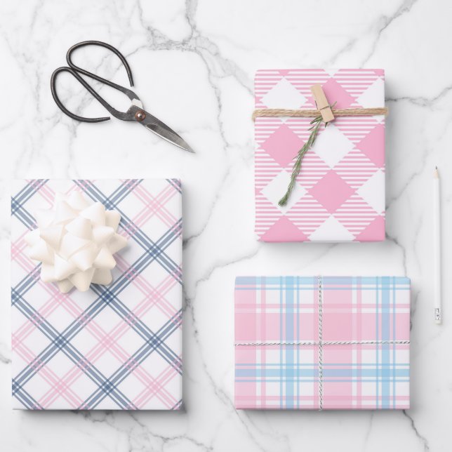 Pink Plaid Wrapping Paper Flat Sheet Set of 3 (Front)