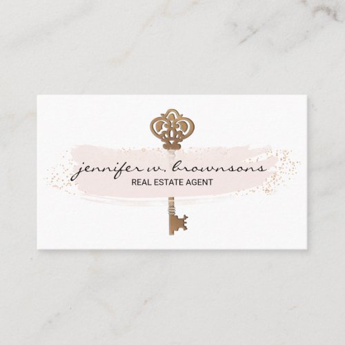 Pink Plain Retro Gold Key Business Card