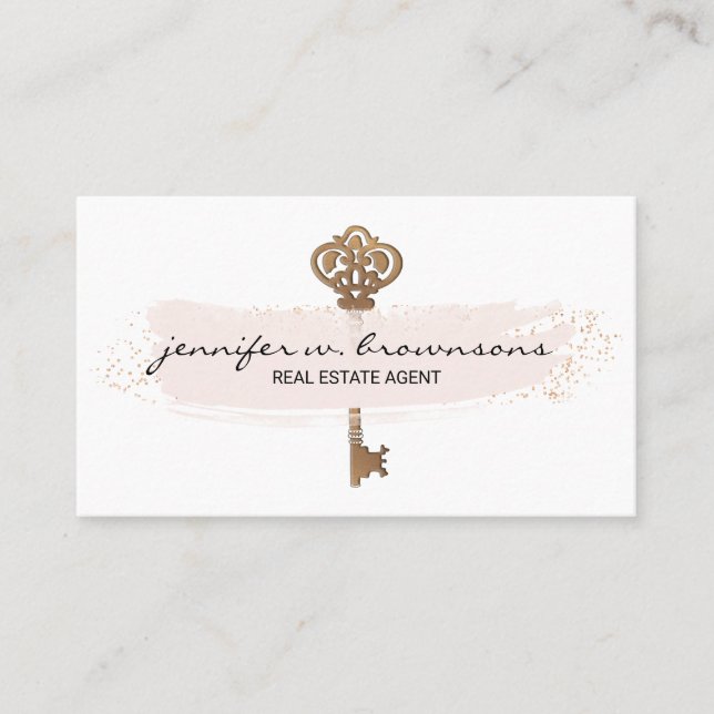 Pink Plain Retro Gold Key Business Card (Front)