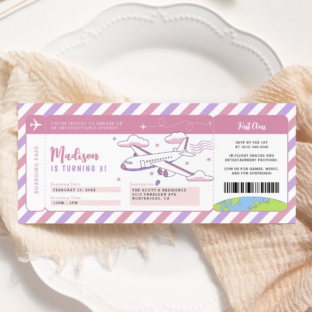 Pink Plane Boarding Pass Birthday Ticket Invitation (Creator Uploaded)
