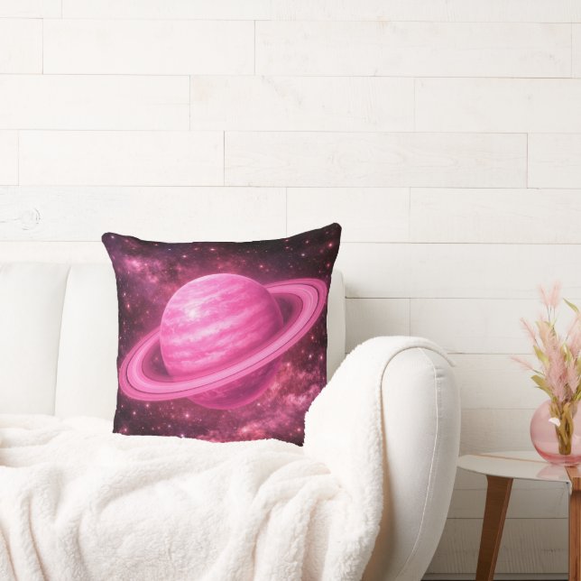 Pink Planet with Pink Rings Throw Pillow (Couch)