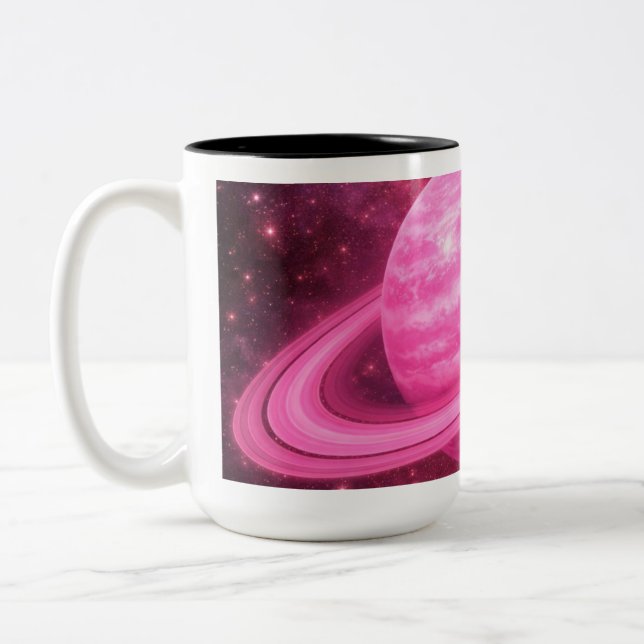 Pink Planet with Pink Rings Two-Tone Coffee Mug (Left)
