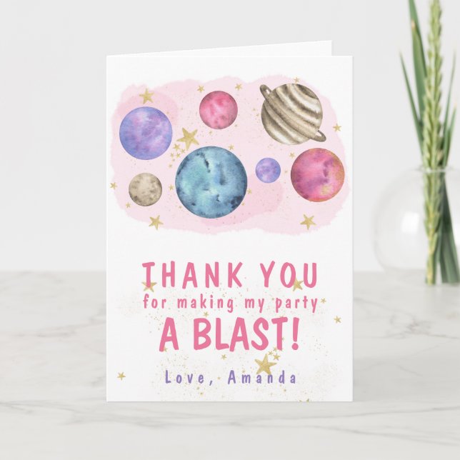 Pink Planets Space Birthday Party Thank You Card (Front)
