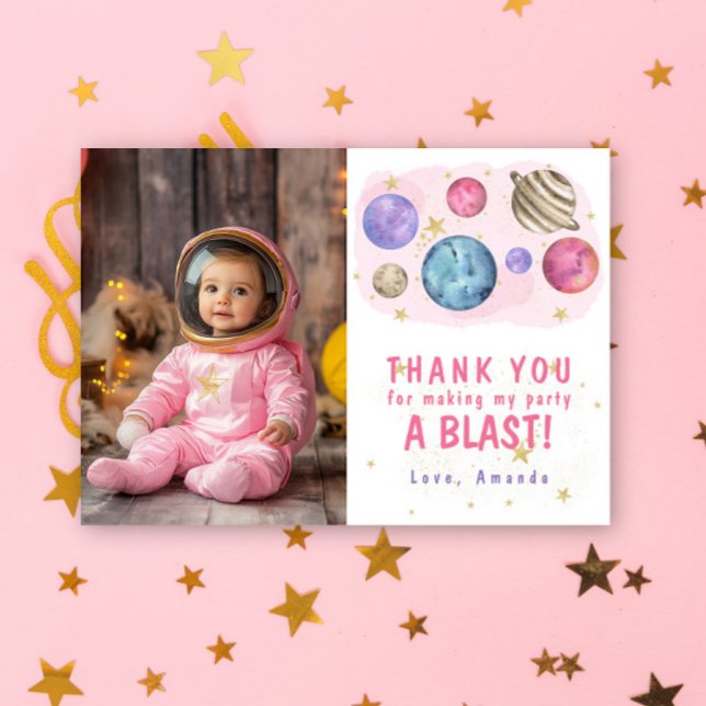 Pink Planets Space Birthday Party Thank You Card (Creator Uploaded)