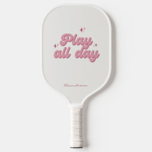 Pink Play All Day Retro Personalized Name Pickleball Paddle