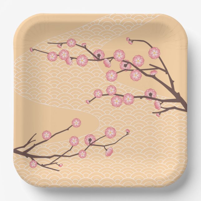 Pink Plum Blossom on Yellow Paper Plates (Front)