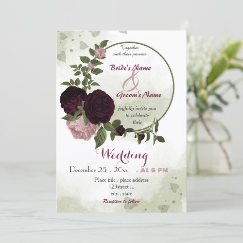 pink plum burgundy flowers green wreath wedding  invitation