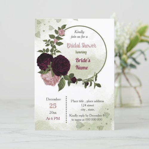 pink plum burgundy flowers greenery bridal shower invitation