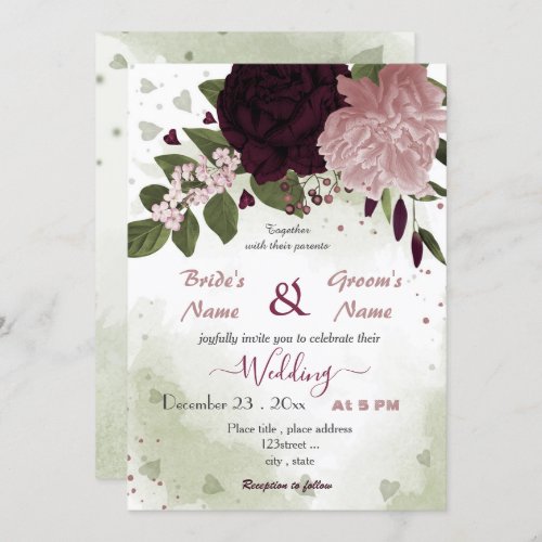 pink plum burgundy flowers greenery invitation