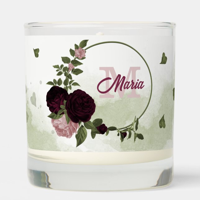 pink plum burgundy flowers greenery scented candle (Front)