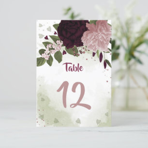 pink & plum burgundy flowers greenery table number