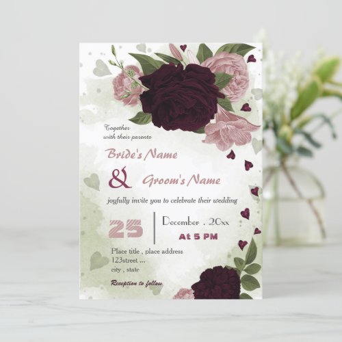 pink plum burgundy flowers greenery wedding invitation