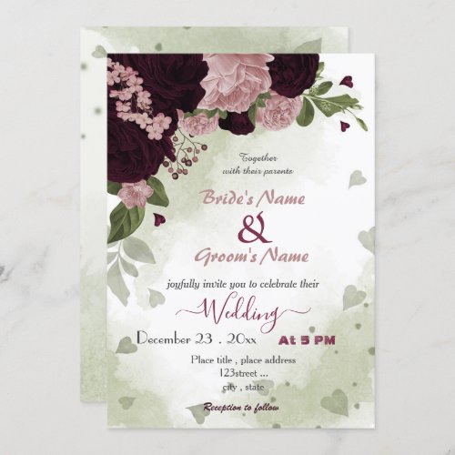 pink plum burgundy flowers greenery wedding invitation