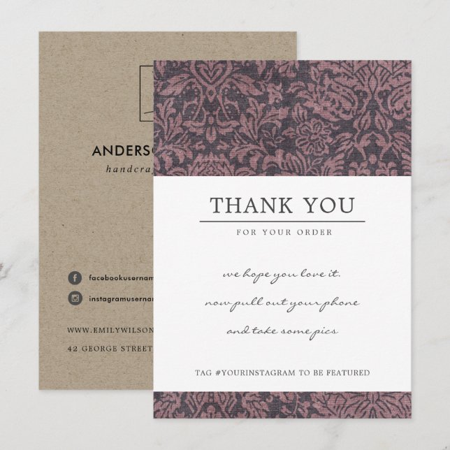 PINK PLUM DAMASK PATTERN CORPORATE BUSINESS LOGO THANK YOU CARD (Front/Back)