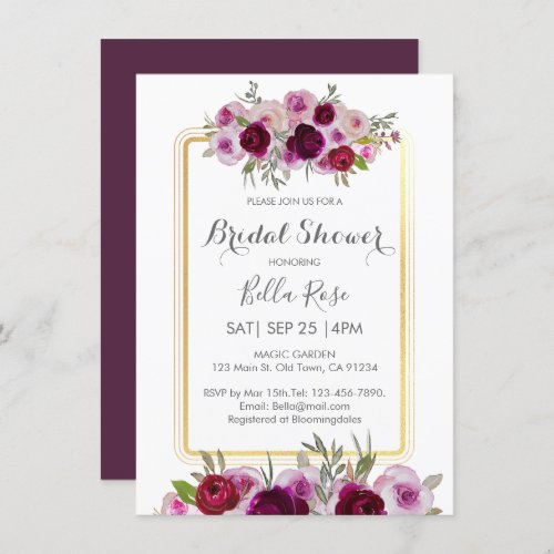 Pink Plum Faux Gold Floral Bridal Shower Invitation