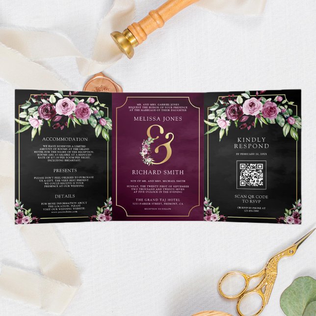 Pink Plum Floral Ampersand Black QR Code Wedding Tri-Fold Invitation (Creator Uploaded)