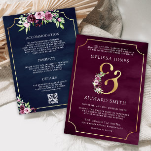 Pink Plum Floral Ampersand Navy QR Code Wedding Invitation