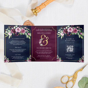 Pink Plum Floral Ampersand Navy QR Code Wedding Tri-Fold Invitation
