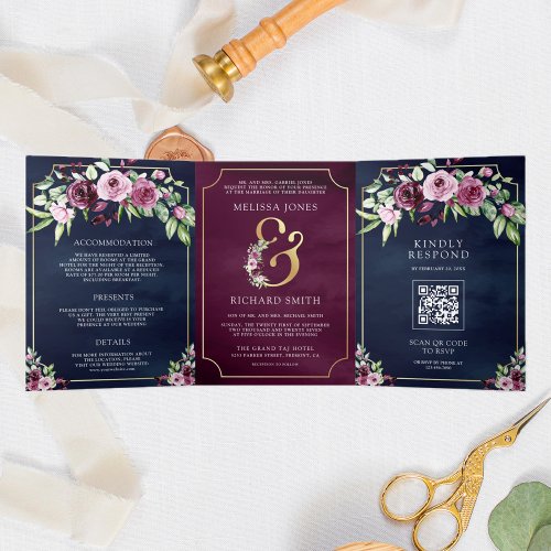 Pink Plum Floral Ampersand Navy QR Code Wedding Tri_Fold Invitation
