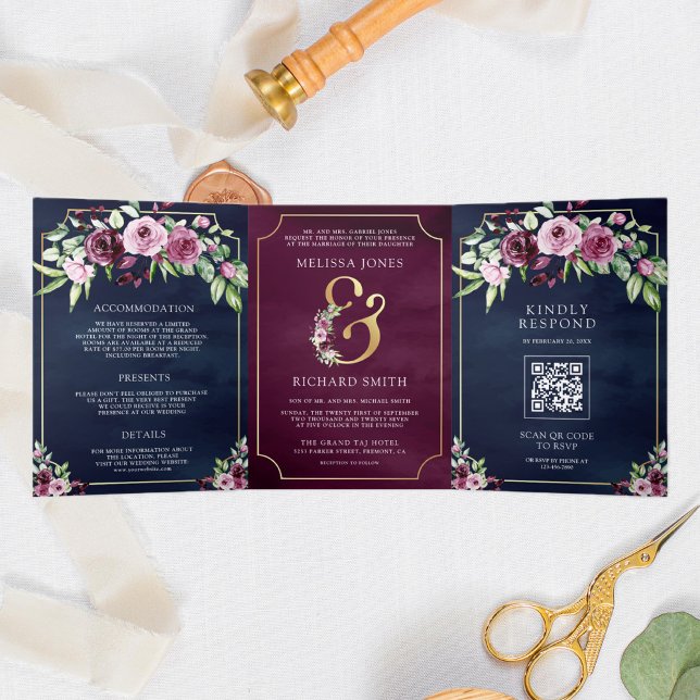 Pink Plum Floral Ampersand Navy QR Code Wedding Tri-Fold Invitation (Creator Uploaded)
