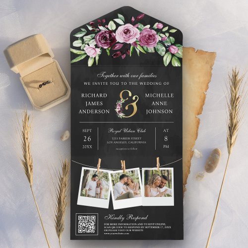 Pink Plum Floral Ampersand QR Code Black Wedding All In One Invitation