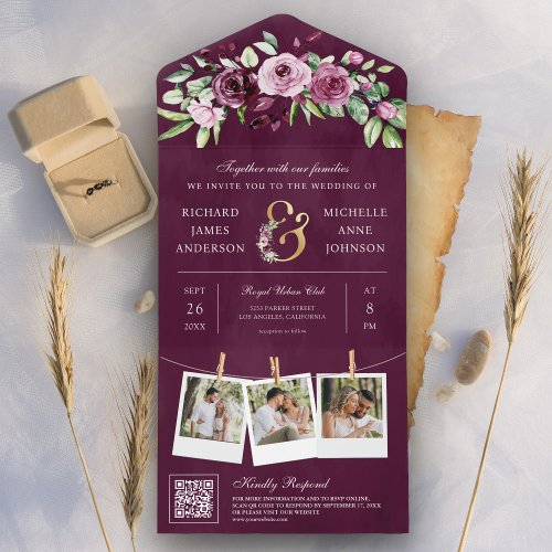 Pink Plum Floral Ampersand QR Code Wedding All In One Invitation