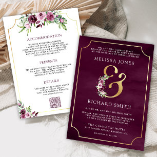 Pink Plum Floral Ampersand QR Code Wedding Invitation
