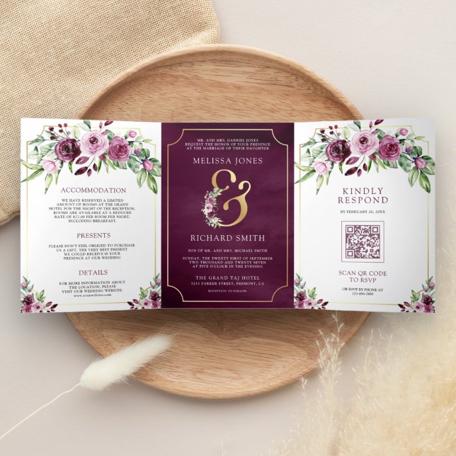 Pink Plum Floral Ampersand QR Code Wedding Tri-Fold Invitation (Creator Uploaded)