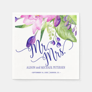 Pink plum floral bouquet mr and mrs script wedding napkins