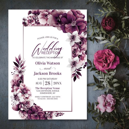 Pink Plum Floral Wedding Reception Invitation