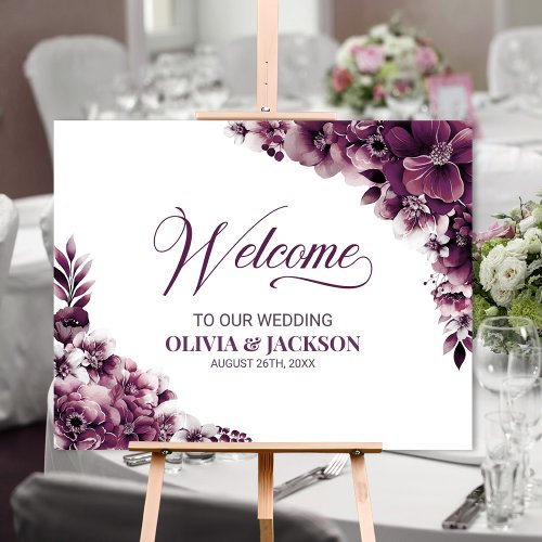 Pink Plum Floral Wedding Welcome Sign