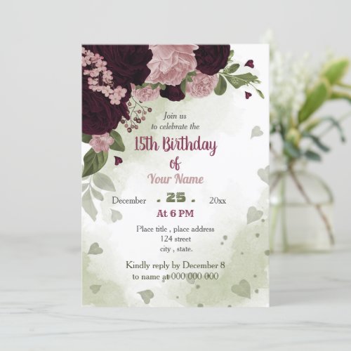 pink plum flowers greenery birthday party invitation