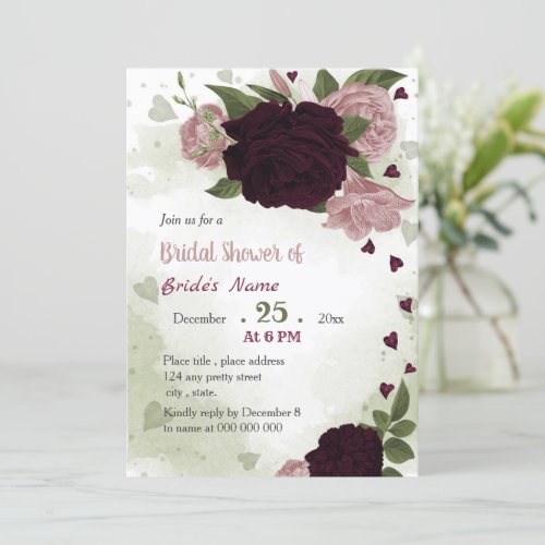 pink plum flowers greenery bridal shower  invitation