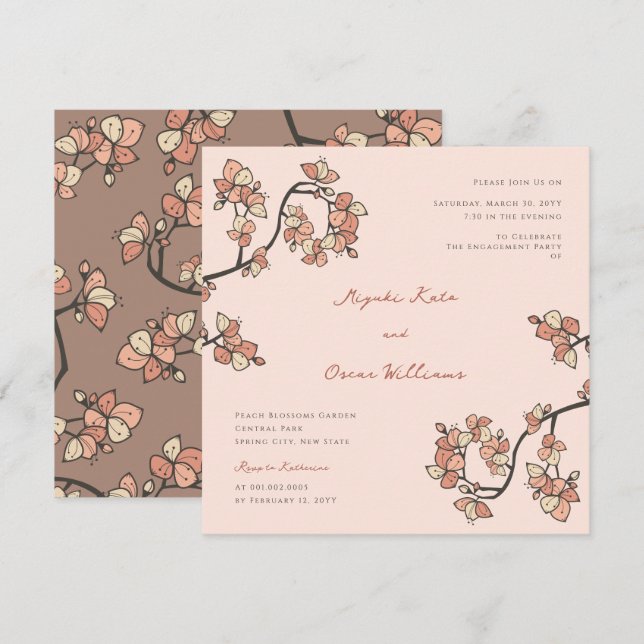 Pink Plum/Peach Blossoms Elegant Engagement Party Invitation (Front/Back)