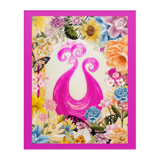 Pink Plum Peacock with colorful flowers Acrylic Print