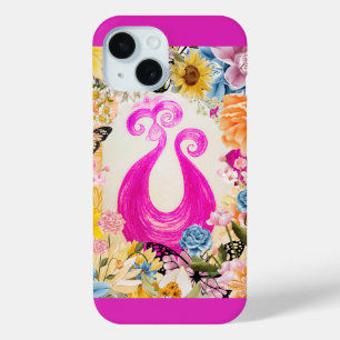 Pink Plum Peacock with colorful flowers iPhone 15 Case