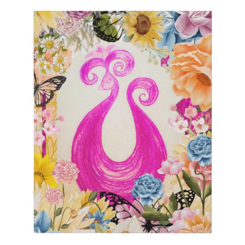 Pink Plum Peacock with colorful flowers Faux Canvas Print
