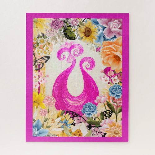 Pink Plum Peacock with colorful flowers Jigsaw Puzzle