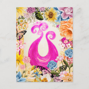 Pink Plum Peacock with colorful flowers Postcard