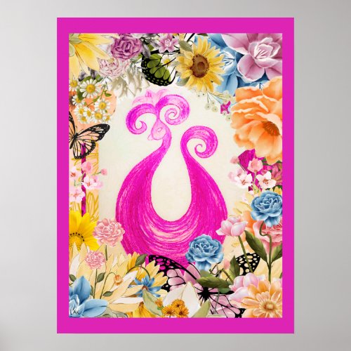 Pink Plum Peacock with colorful flowers Poster