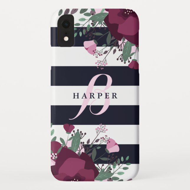 Pink & Plum Roses | Striped Monogrammed Case-Mate iPhone Case (Back)