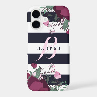 Pink & Plum Roses | Striped Monogrammed iPhone 17 Case