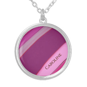 Pink Plum Stripes Personalized Name Silver Plated Necklace